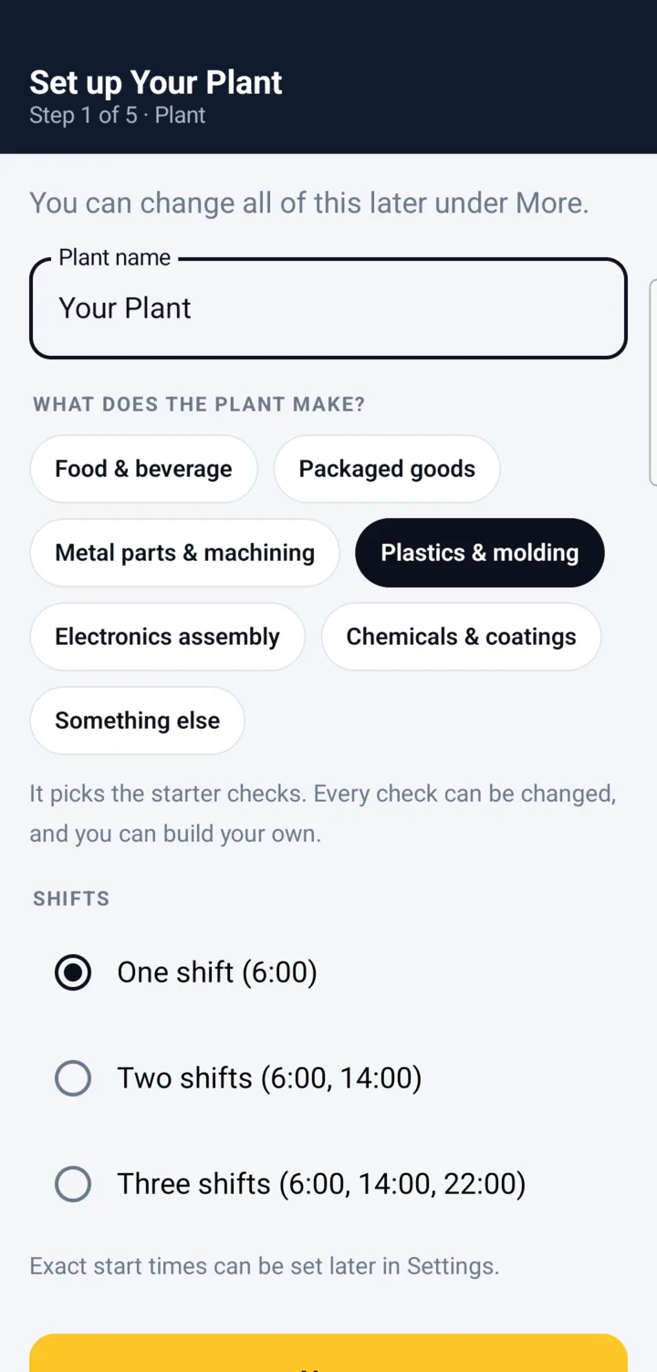 Setup screen: what does the plant make? Food and beverage, packaged goods, metal parts and machining, plastics and molding (selected), electronics assembly, chemicals and coatings, or something else