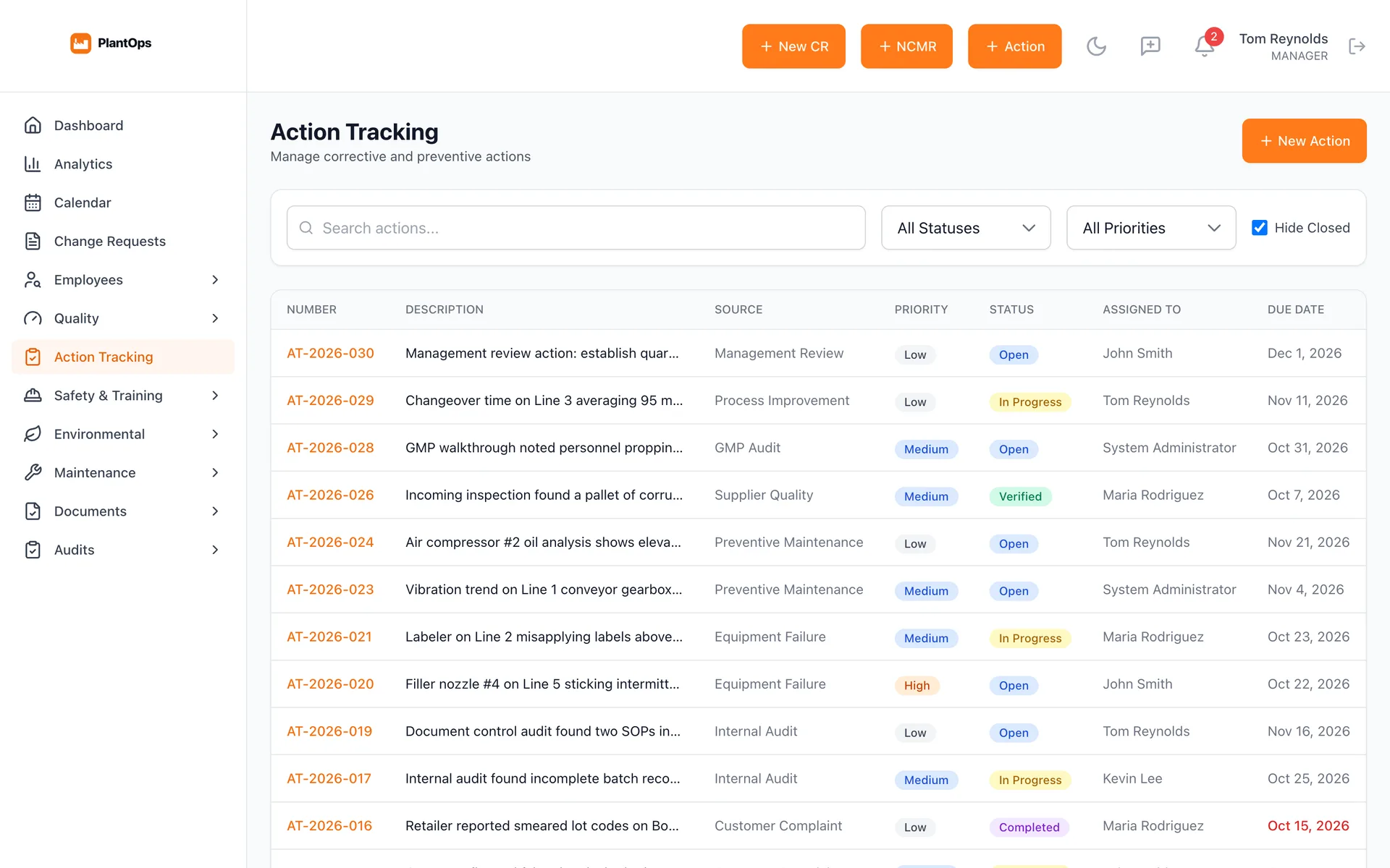 Action tracking list with corrective and preventive actions from audits, supplier quality, maintenance and customer complaints, with priority, status, owner and due date