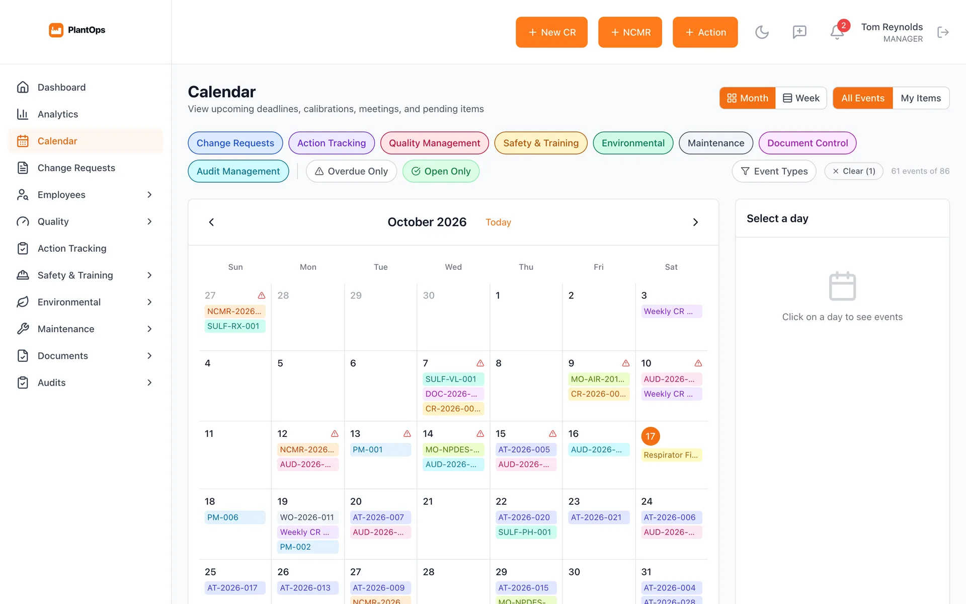 Calendar of deadlines, calibrations, meetings and due items, color-coded by module
