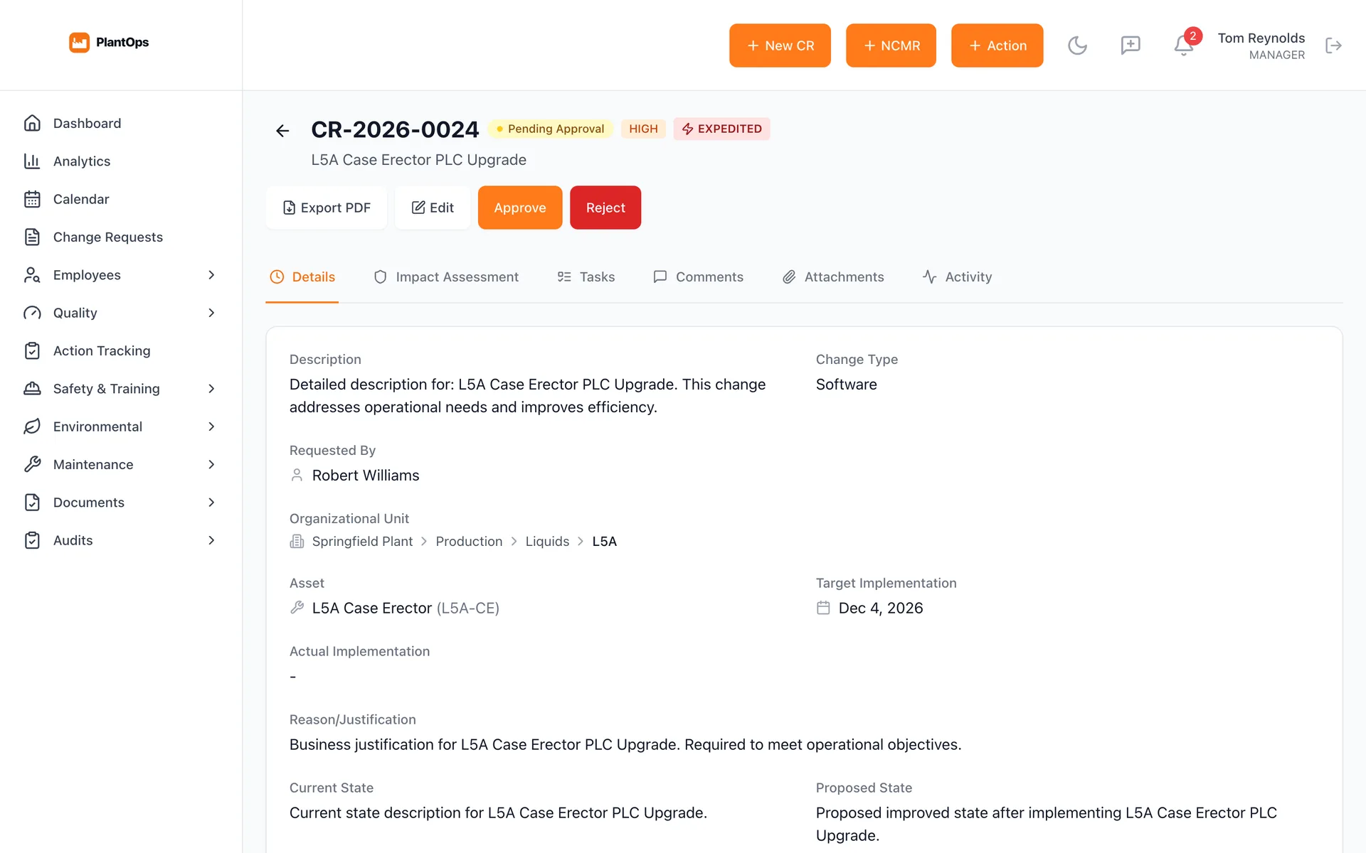 A change request pending approval, marked high priority and expedited, with details, impact assessment, tasks, comments, attachments and activity tabs
