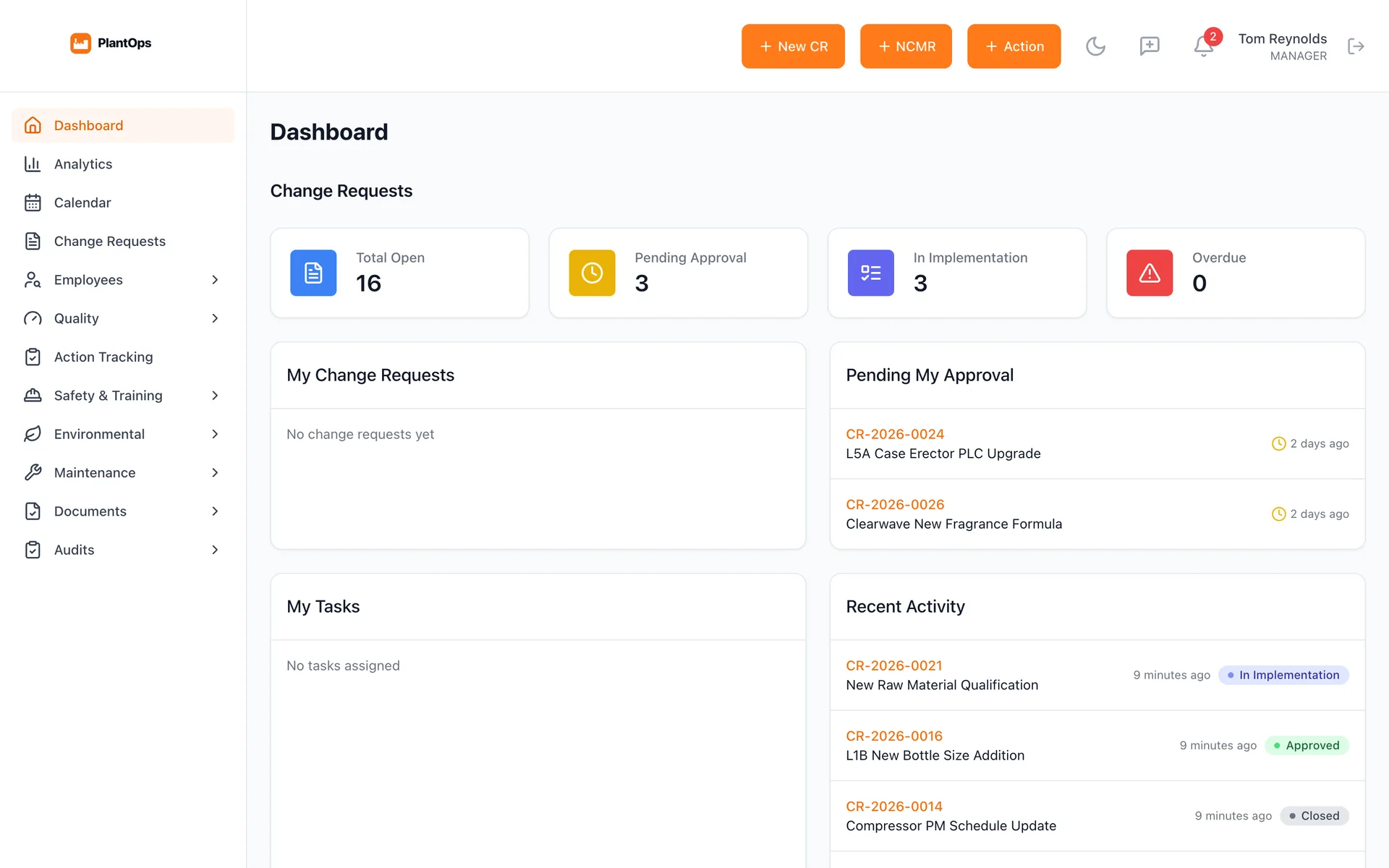 PlantOps dashboard: open change requests, items pending approval and in implementation, my approvals and recent activity