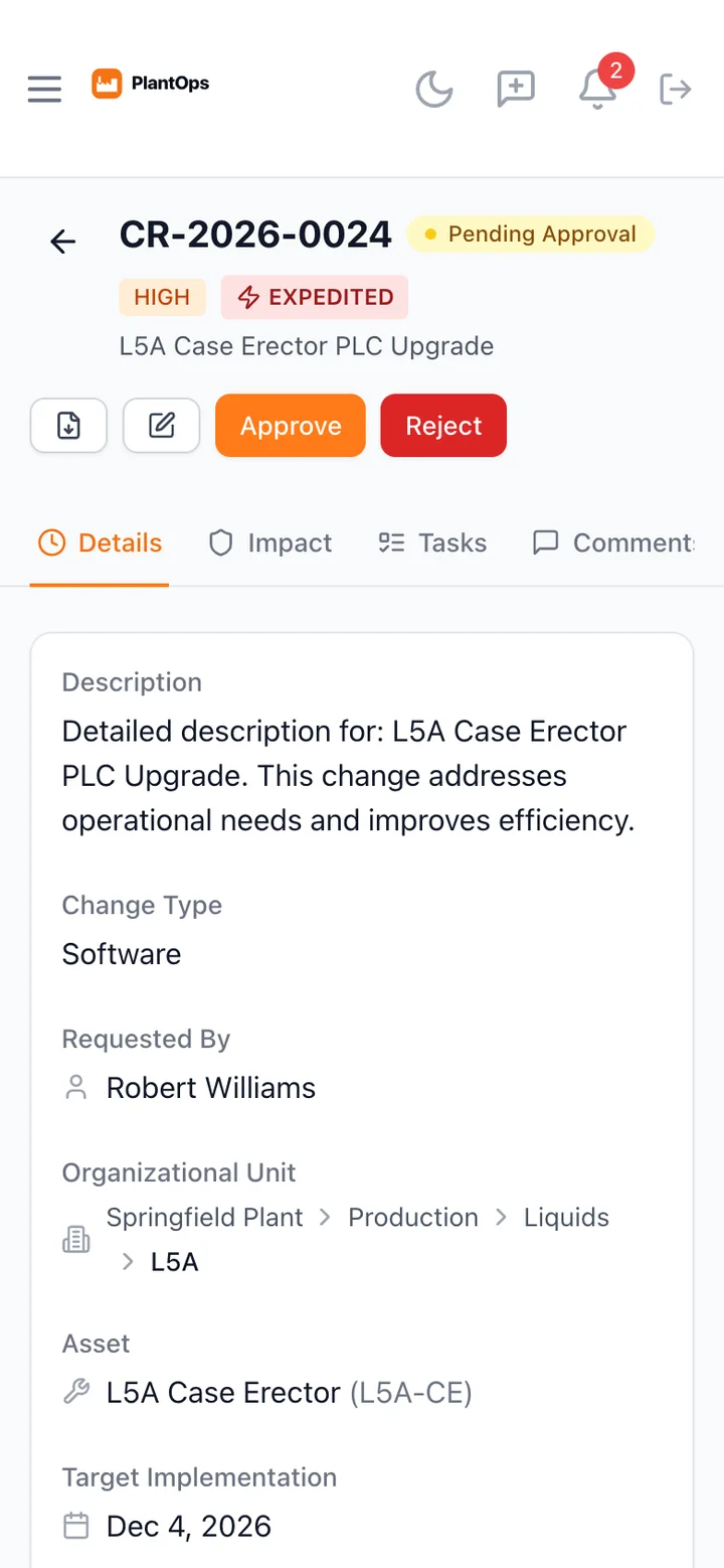 A change request on a phone: status, priority, approve and reject buttons and details